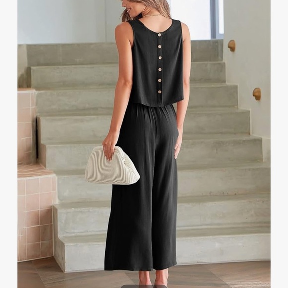 ANRABESS Summer 2 Piece Outfits Sleeveless Crop Top Black Wide Leg Pants Linen M - Picture 12 of 14
